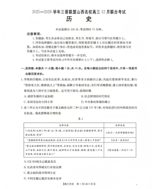 山西省名校三晋联盟2025-2026学年高三上学期12月联合考试（26-177C）历史试卷（含答案）.pdf