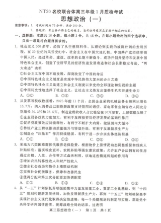 河北省NT20名校联合体高三年级1月质检考试政治试题（含答案）.pdf