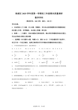 2026年上海市杨浦区初三一模数学试卷（解析版）.pdf