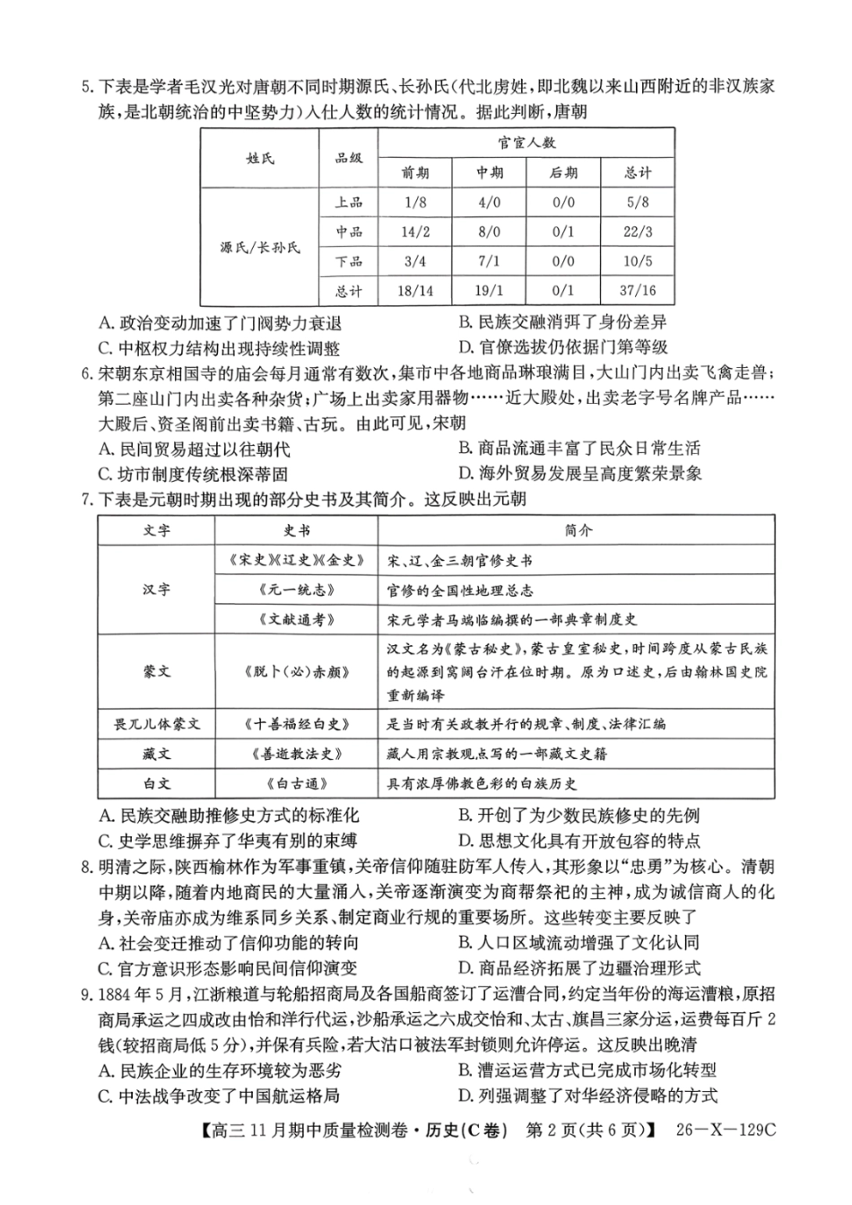 山西卓越2025~2026学年高三11月期中质量检测历史.pdf_第2页