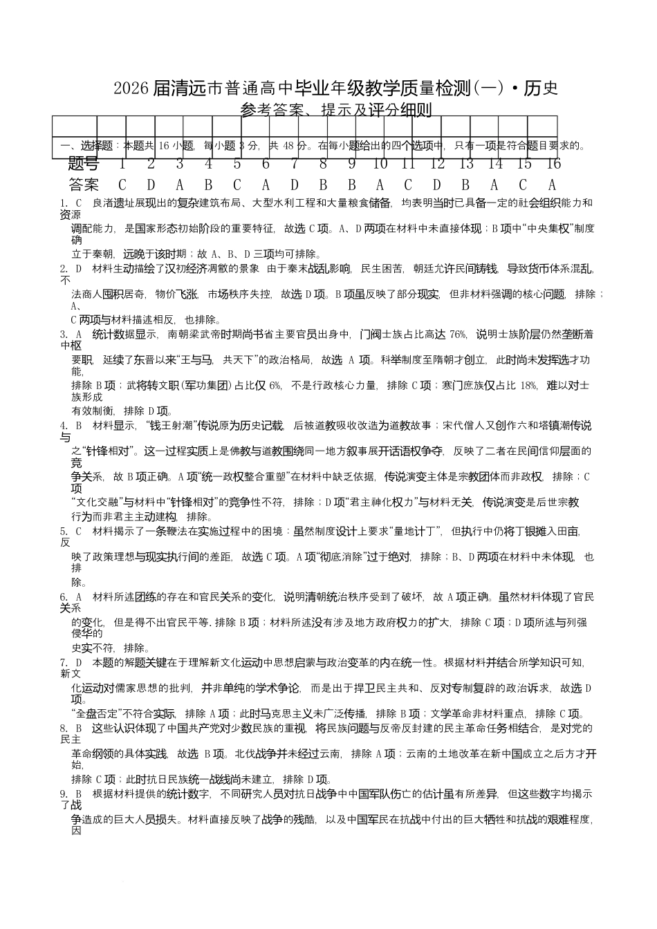广东省清远市2025-2026学年高三上学期10月教学质量检测（一）历史参考答案.docx_第1页