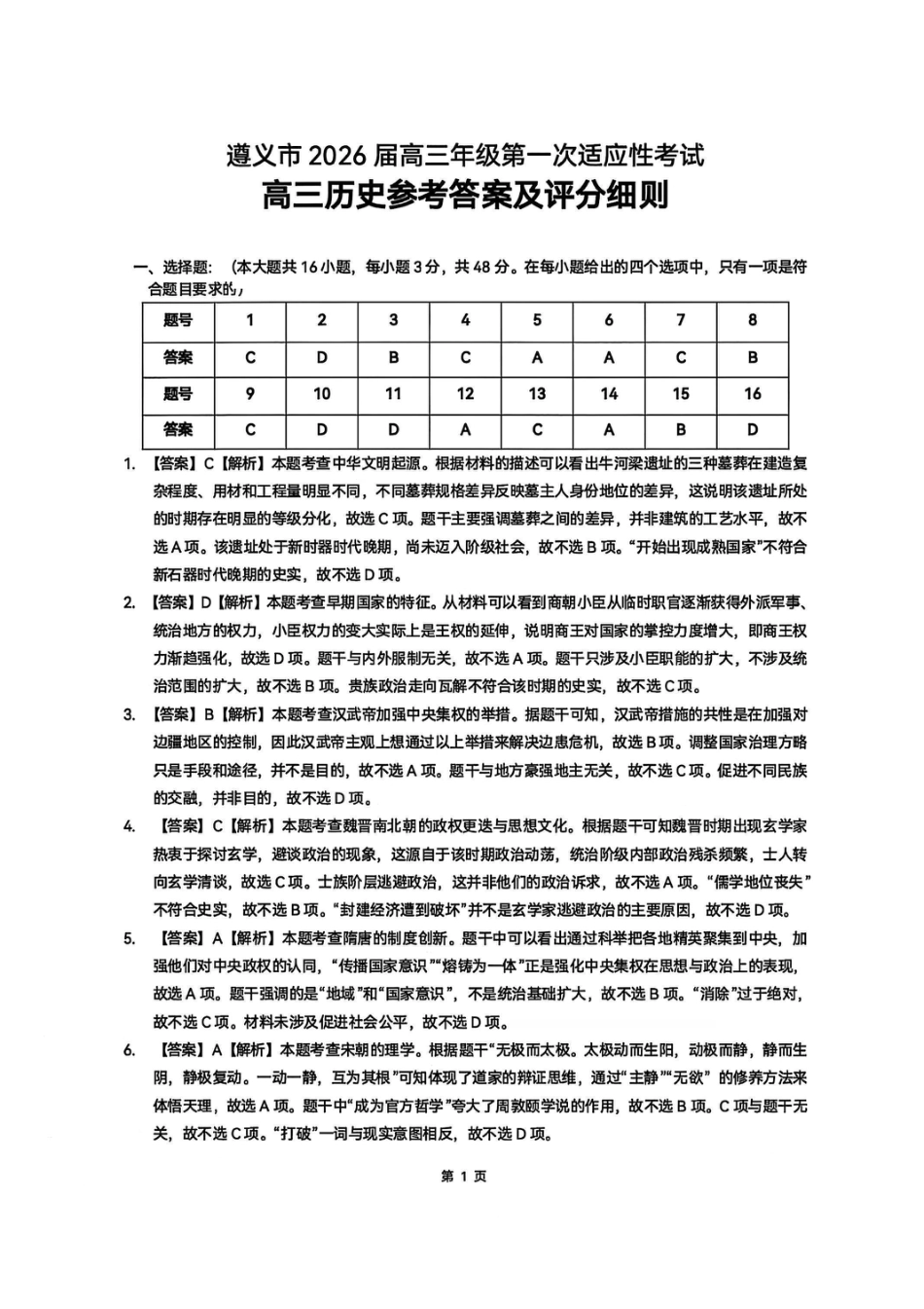 历史答案-遵义市2026届高三第一次适应性考试.pdf_第1页