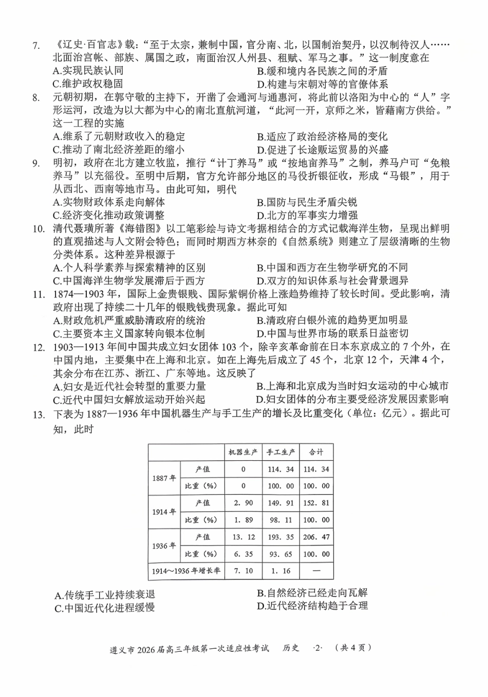 贵州省遵义市2025-2026学年高三上学期第一次适应性考试历史（含答案）_历史.pdf_第2页