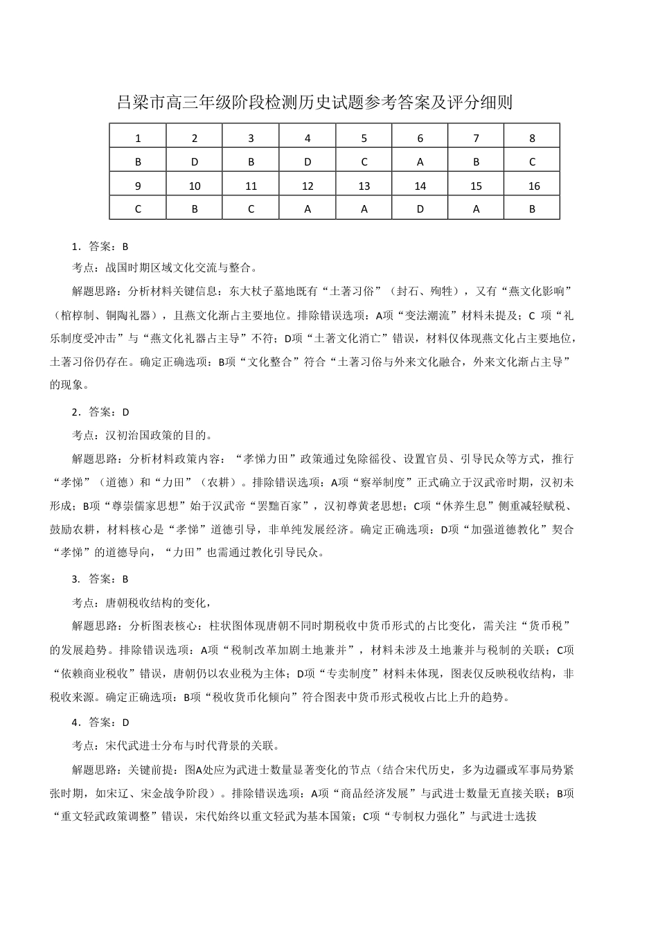 2025-2026学年吕梁市高三阶段性测试历史答案.pdf_第1页