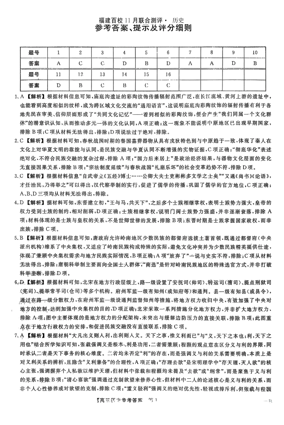 【历史答案】福建高三2025-2026学年百校11月联考.pdf_第1页