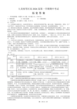 重庆九龙坡高2026届高三第一学期期中考试（全科）_高2026届高三第一学期期中考试历史答案.pdf