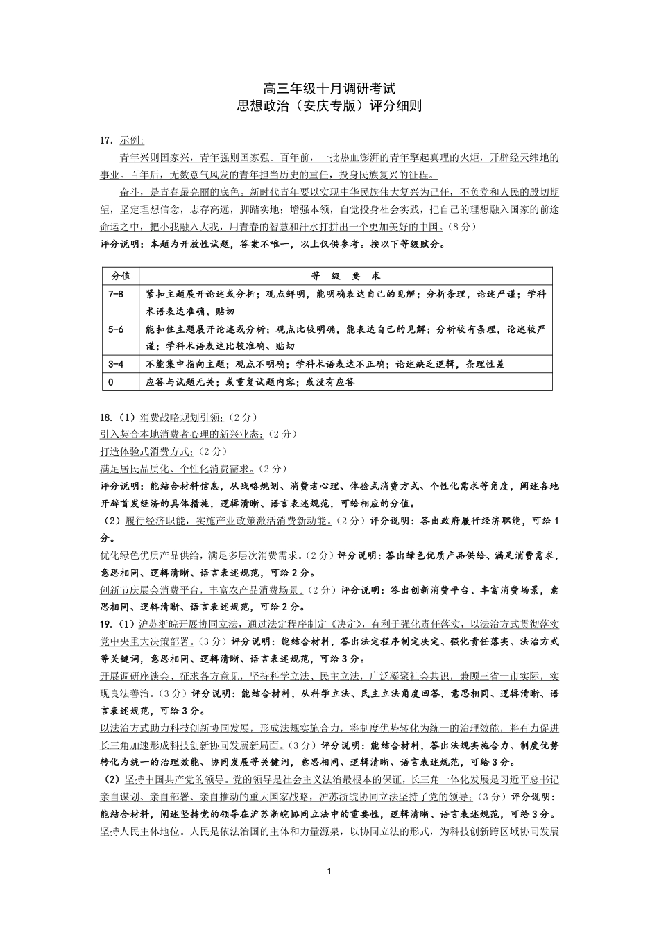 思想政治安庆专版-高三年级十月调研考试 评分细则.pdf_第1页