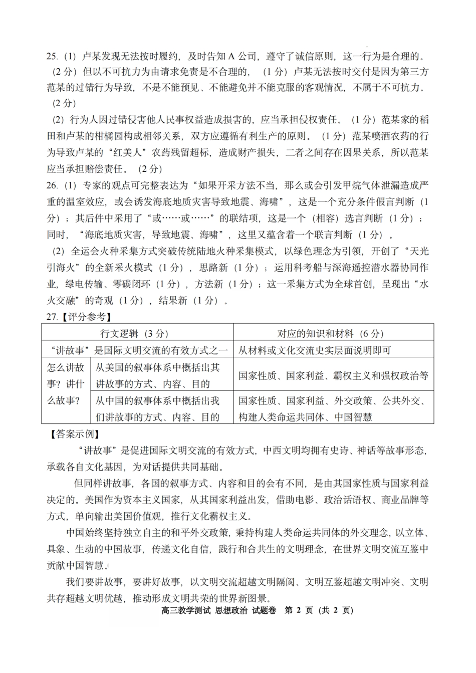 浙江省嘉兴市2025年12月高三教学测试（嘉兴一模）（全科）_政治答案｜26届嘉兴一模.pdf_第2页