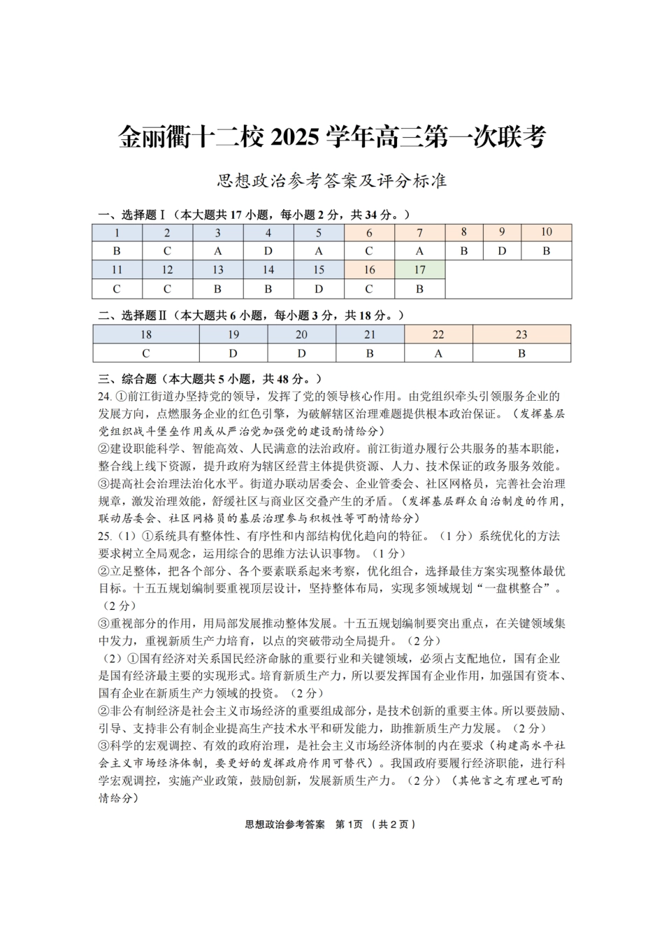浙江省金丽衢十二校2025学年高三第一次联考_政治答案｜26届金丽衢十二校12月联考.pdf_第1页