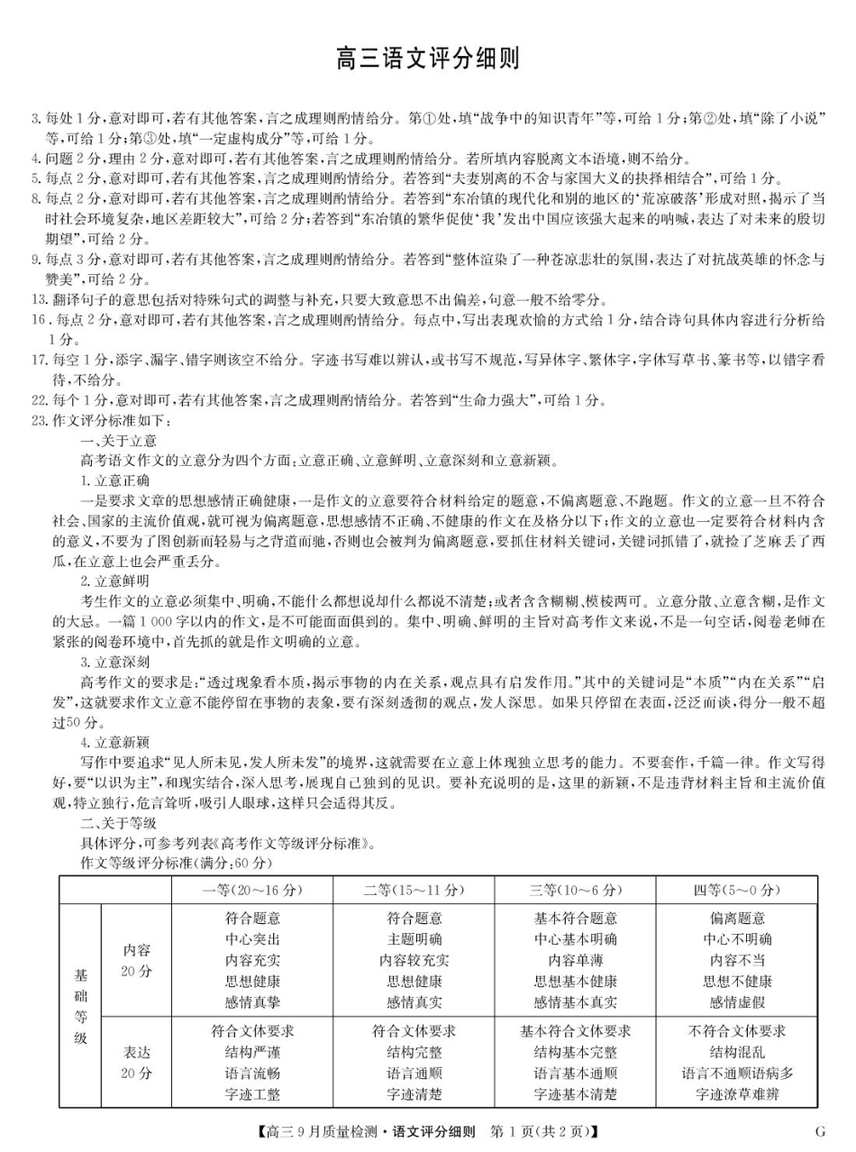 2026九师联盟高三10月10联考语文试卷（含答案）_语文评分细则.pdf_第1页
