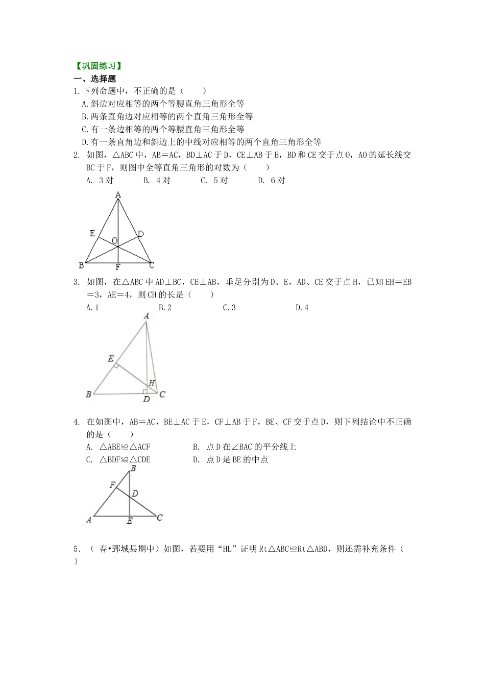 湘教版初中数学八年级下册知识点-直角三角形全等判定（提高）巩固练习.docx_第1页