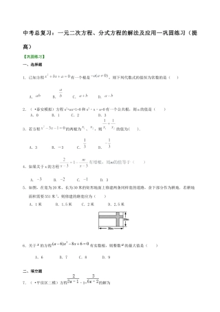 湘教版初中数学中考总复习：一元二次方程、分式方程的解法及应用--巩固练习（提高）.docx