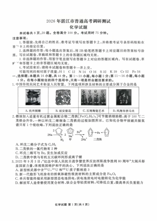 2026届广东湛江高三10月调研化学试题.pdf