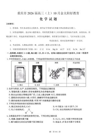 重庆市好教育联盟2026届高三（上）10月联考+化学.pdf