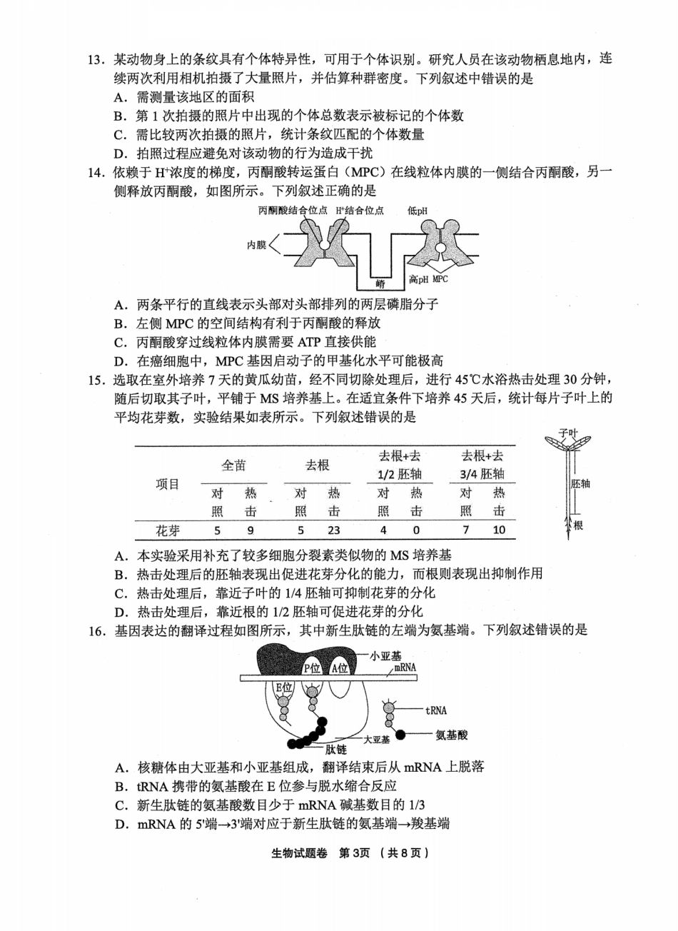 浙江省金丽衢十二校2025学年高三第一次联考生物试题（含答案）_生物卷-2512金丽衢十二校.pdf_第3页