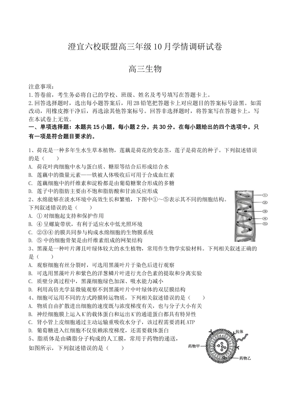 江苏省无锡市澄宜六校2025-2026学年高三上学期10月生物试题.docx_第1页