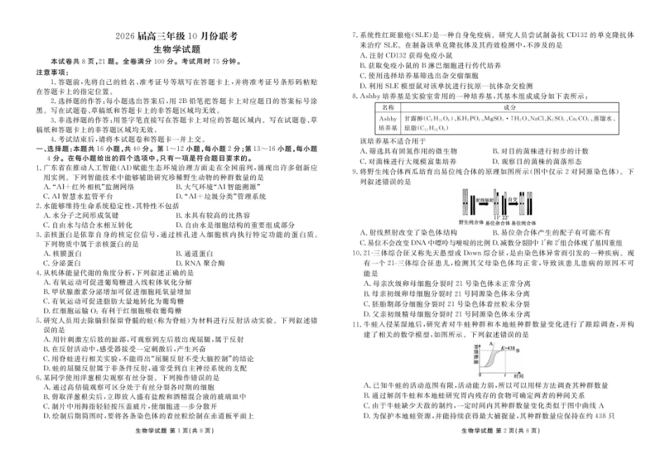 2026届广东衡水金卷高三上学期10月联考生物试题+答案.pdf_第1页