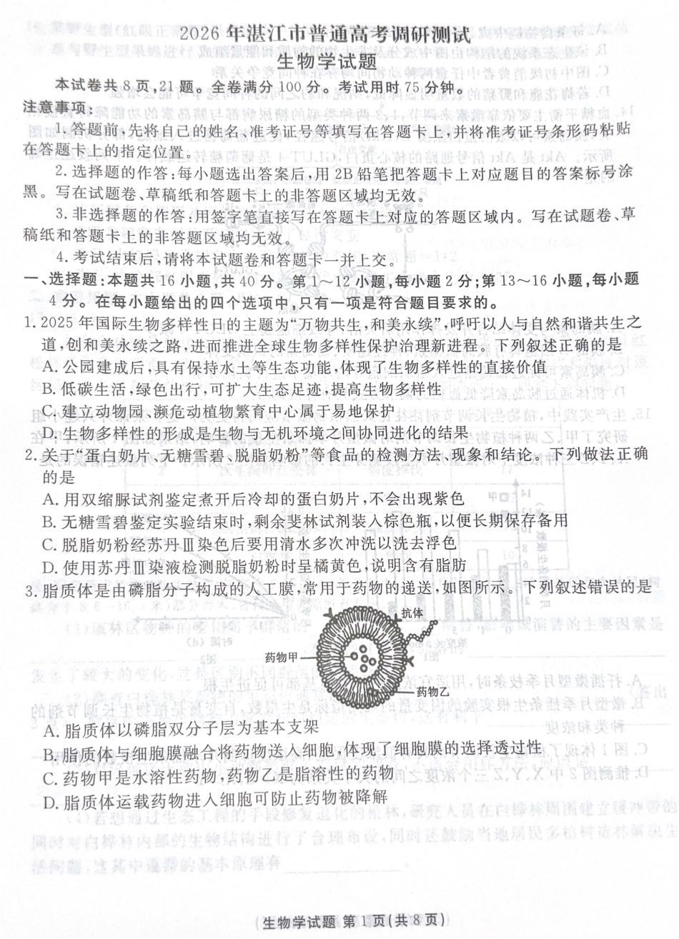 广东省湛江市2025—2026学年高三上学期第一次调研考试生物试题.pdf_第1页