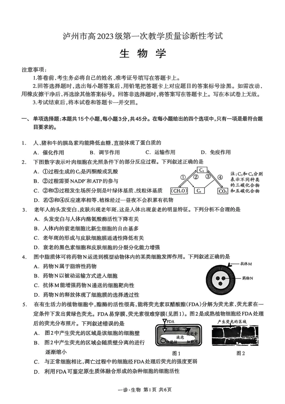 泸州市高2023级第一次教学质量诊断性考试生物学.pdf_第1页