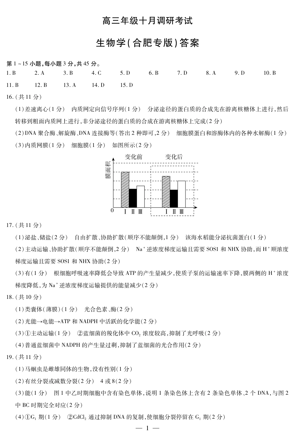 生物学合肥专版 安徽高三年级十月调研考试 简答.pdf_第1页