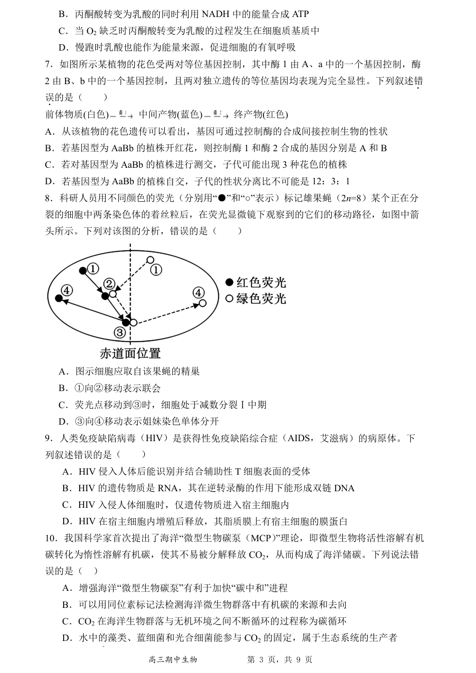 石家庄实验中学2026届高三年级第一学期期中考试生物.pdf_第3页