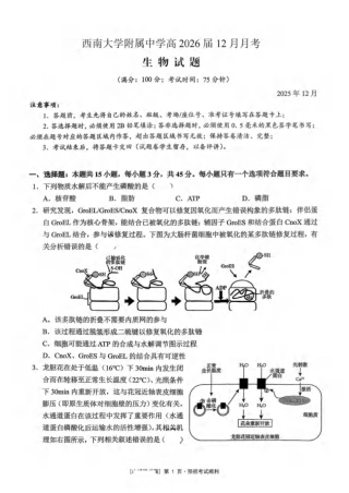 重庆市北碚区西南大学附属中学校2025-2026学年高三上学期12月月考生物试题（PDF版，无答案）.pdf