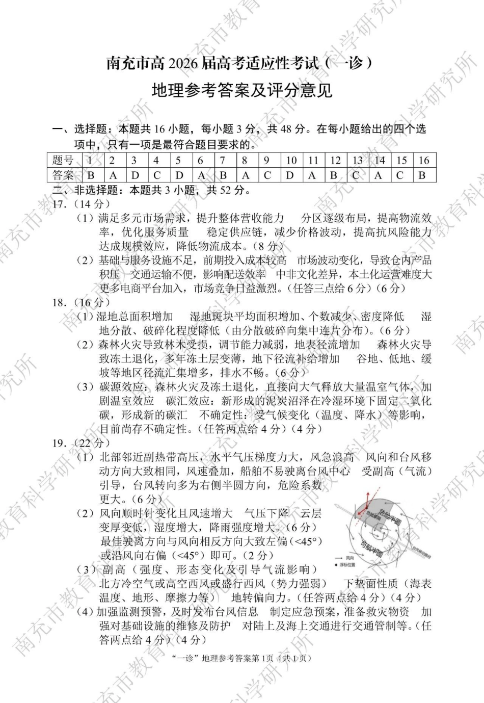南充市高2026届高考适应性考试（一诊）地理标答.pdf_第1页