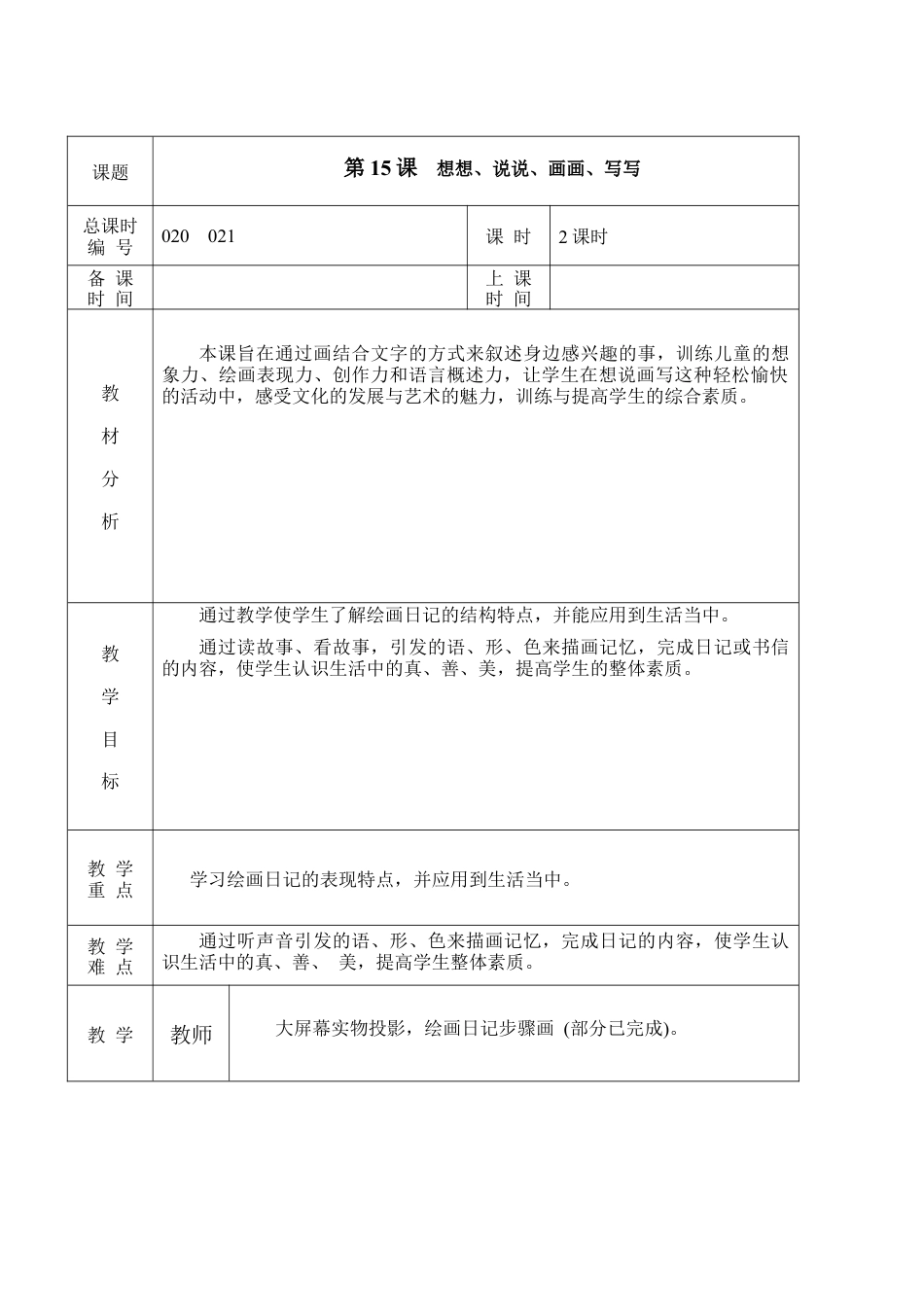 苏教小学美术二上《19想想说说写写画画》word教案 (4).doc_第1页