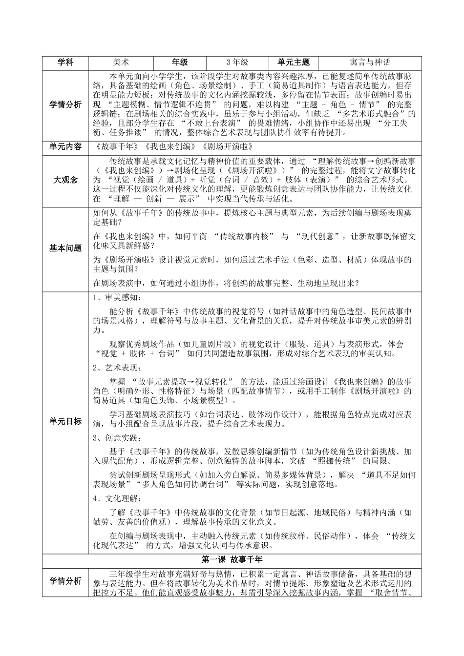 2026年苏少版小学美术三年级美术上册教学设计-第八单元 寓言与神话 （教案）.docx_第1页