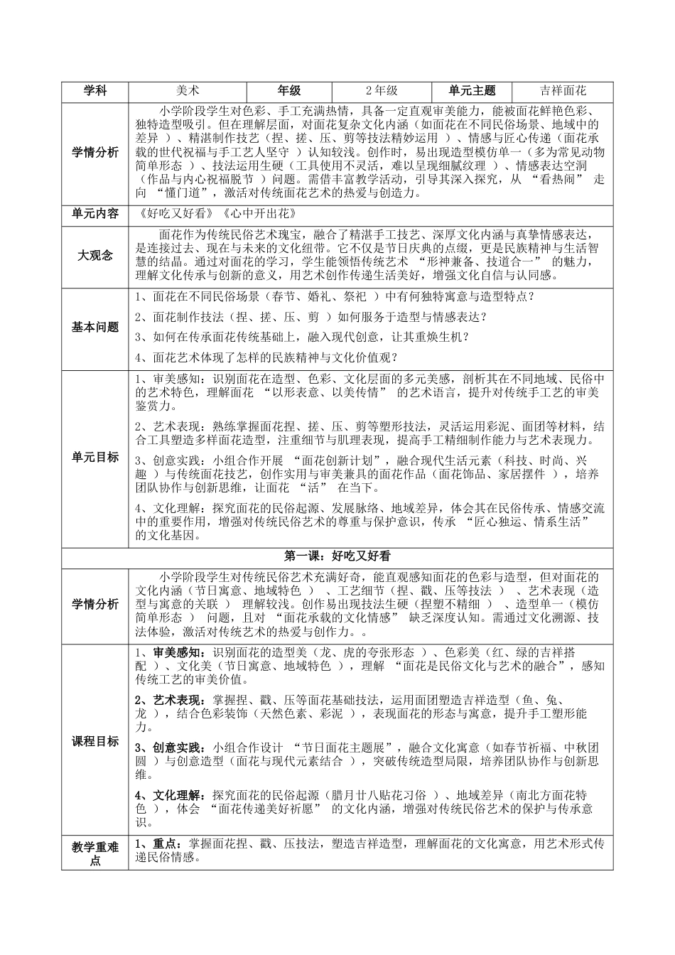 2025-2026学年苏少版小学美术二年级上册-吉祥面花 大单元（教学计设）.docx_第1页