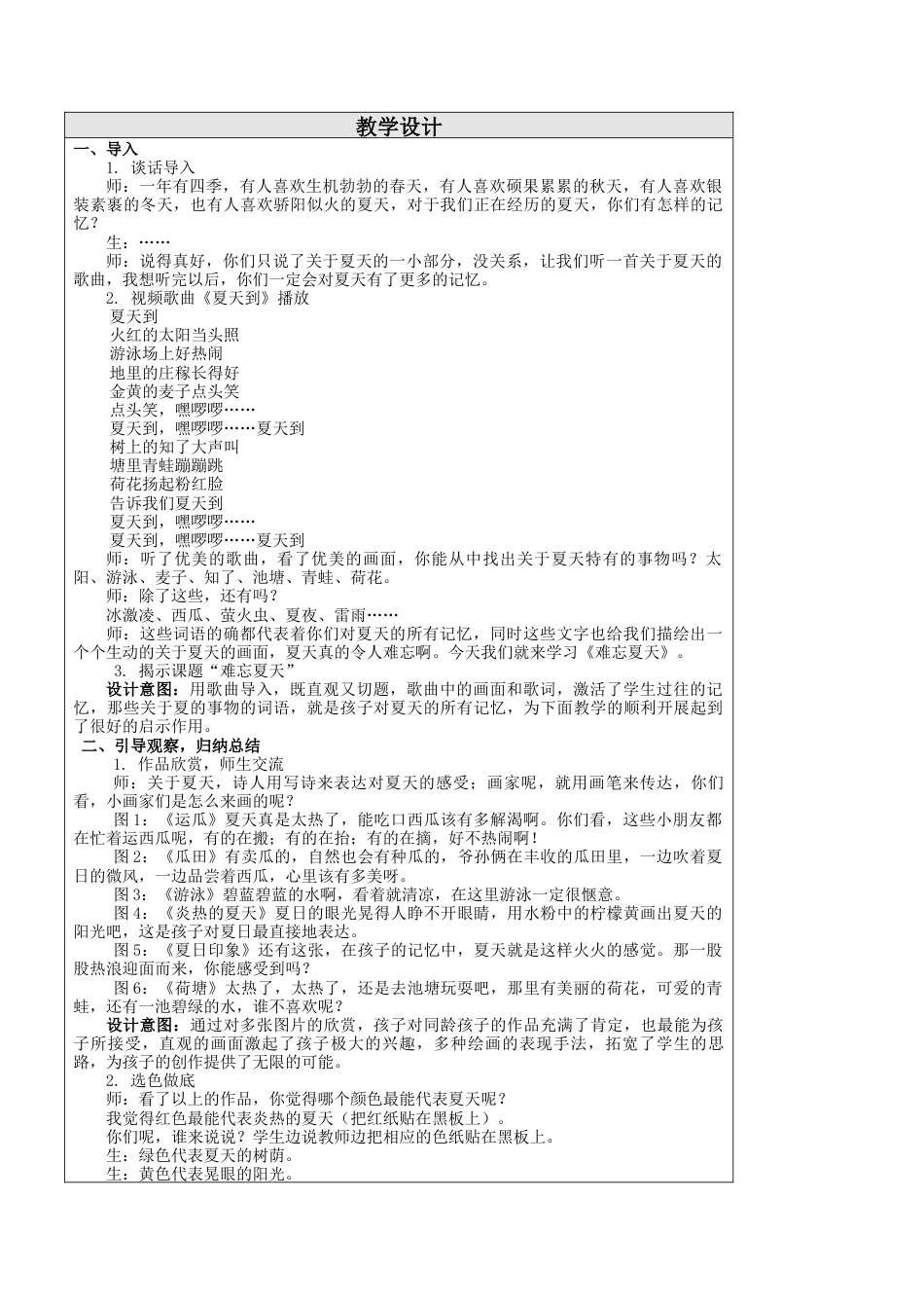 苏教小学美术二上《1难忘夏天》word教案 (1).doc_第1页