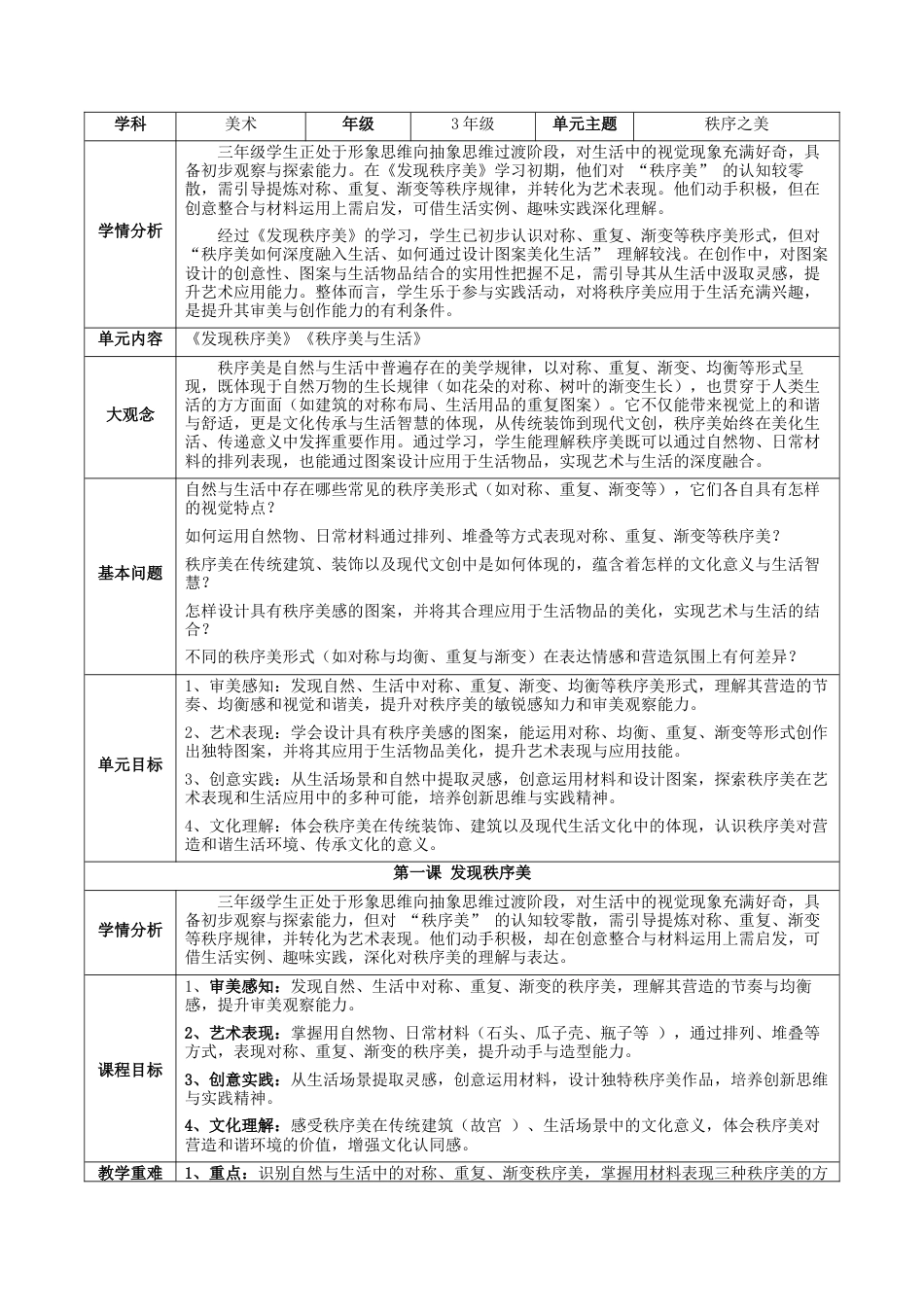 2026年苏少版小学美术三年级美术上册教学设计-第六单元 秩序之美 （教案）.docx_第1页