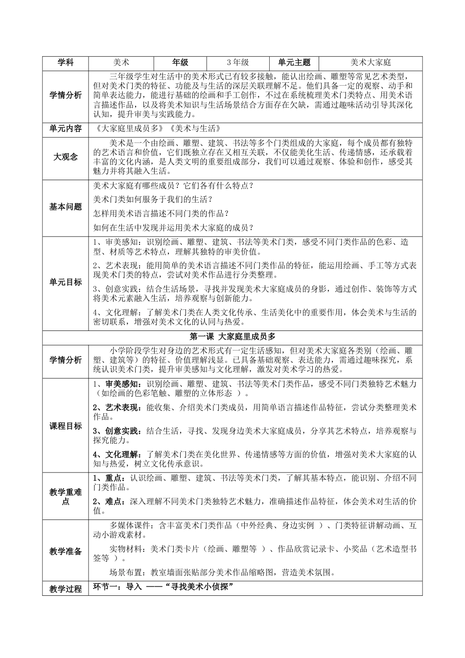 2026年苏少版小学美术三年级美术上册教学设计-第一单元 美术大家庭（教案）.docx_第1页