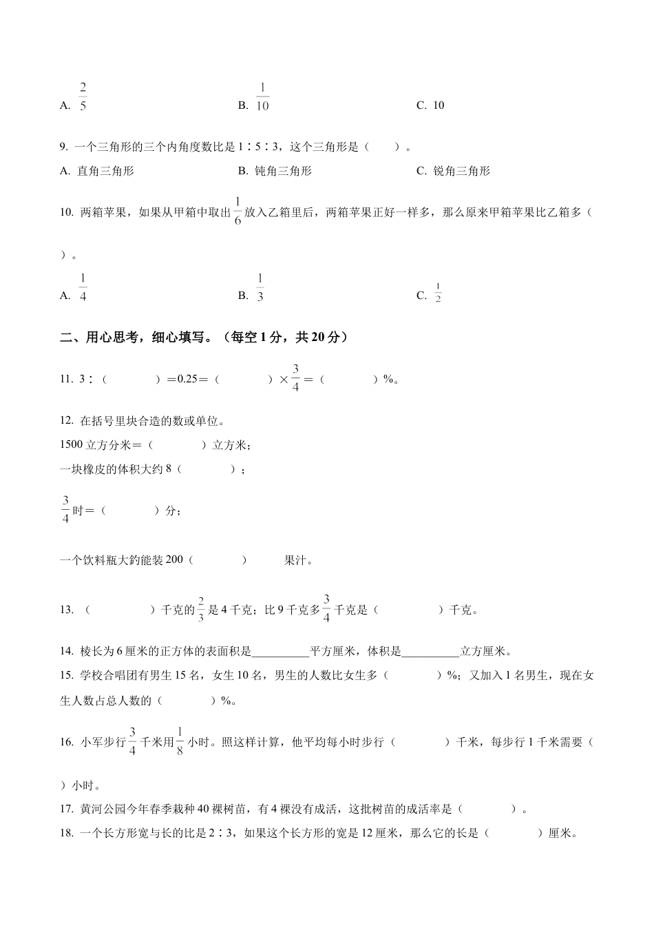 江苏省宿迁市宿城区实验小学苏教版六年级上册期末测试数学试卷（含解析）.docx_第2页