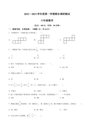 江苏省宿迁市宿城区实验小学苏教版六年级上册期末测试数学试卷（含解析）.docx