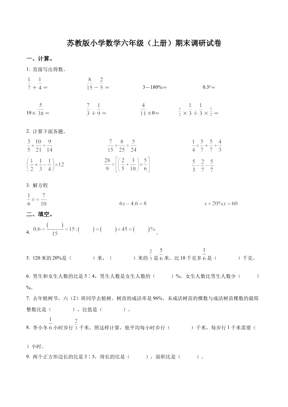 江苏省徐州市泉山区苏教版六年级上册期末调研测试数学试卷含解析.docx_第1页