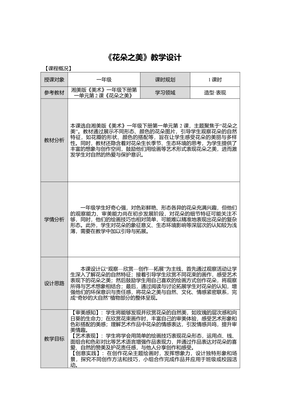 湘美版小学美术一年级下册第一单元第2课《花朵之美》教学设计.doc_第1页