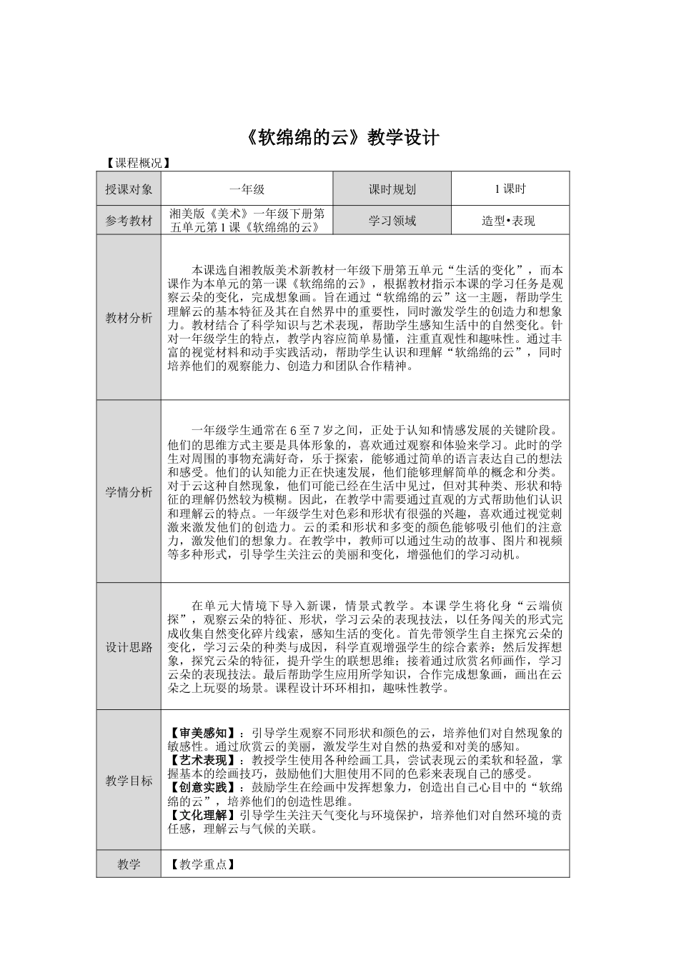 湘美版小学美术一年级下册第五单元第1课《软绵绵的云》教学设计.doc_第1页