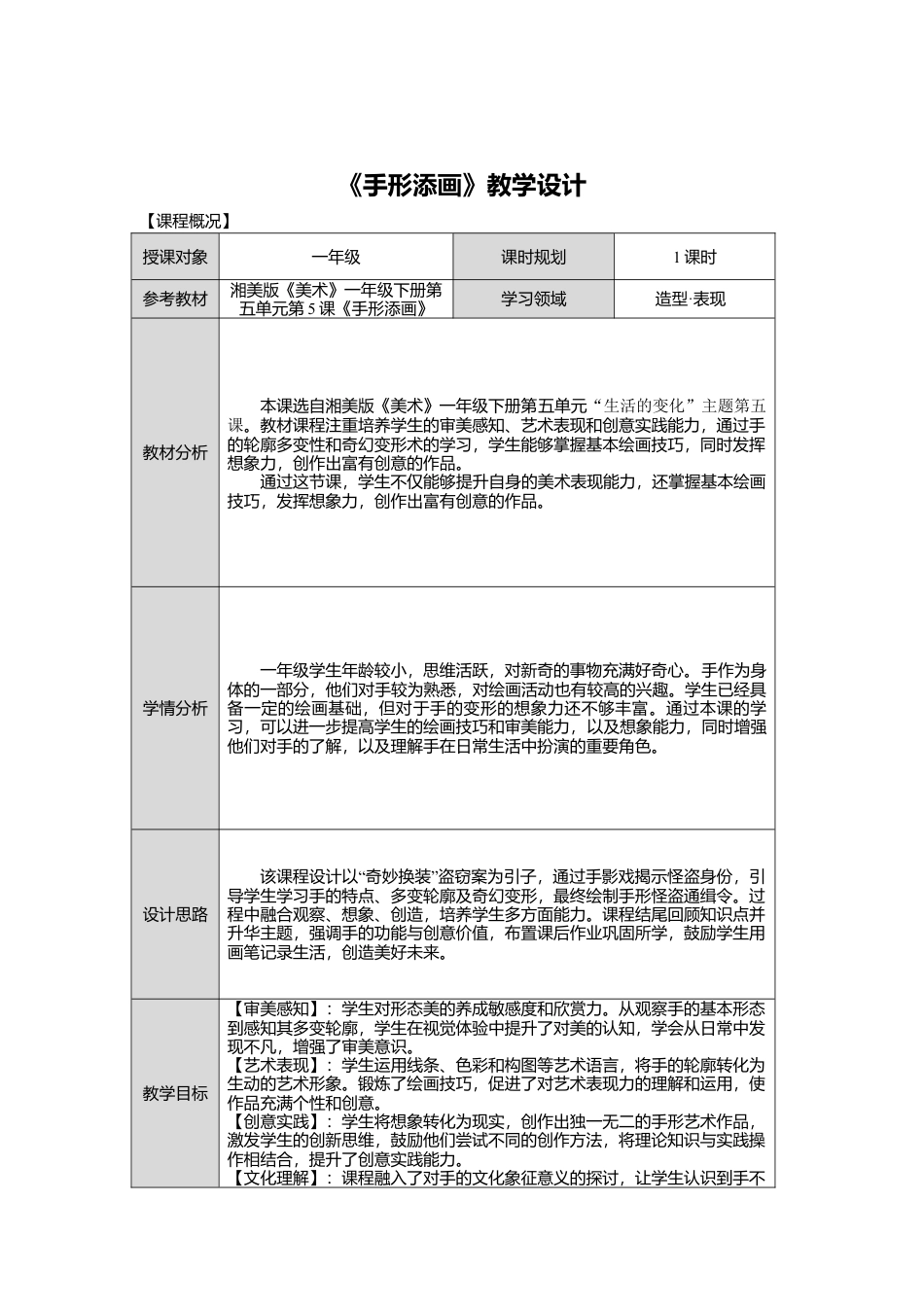 湘美版小学美术一年级下册第五单元第5课《手形添画》教学设计.doc_第1页