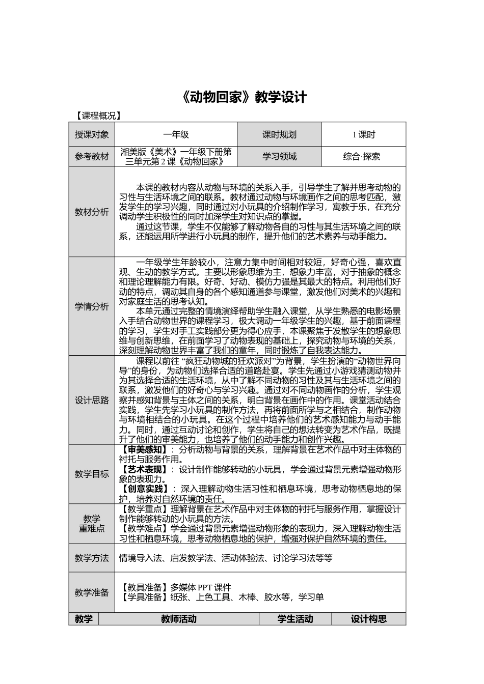 湘美版小学美术一年级下册第三单元第2课《动物回家》教学设计.doc_第1页