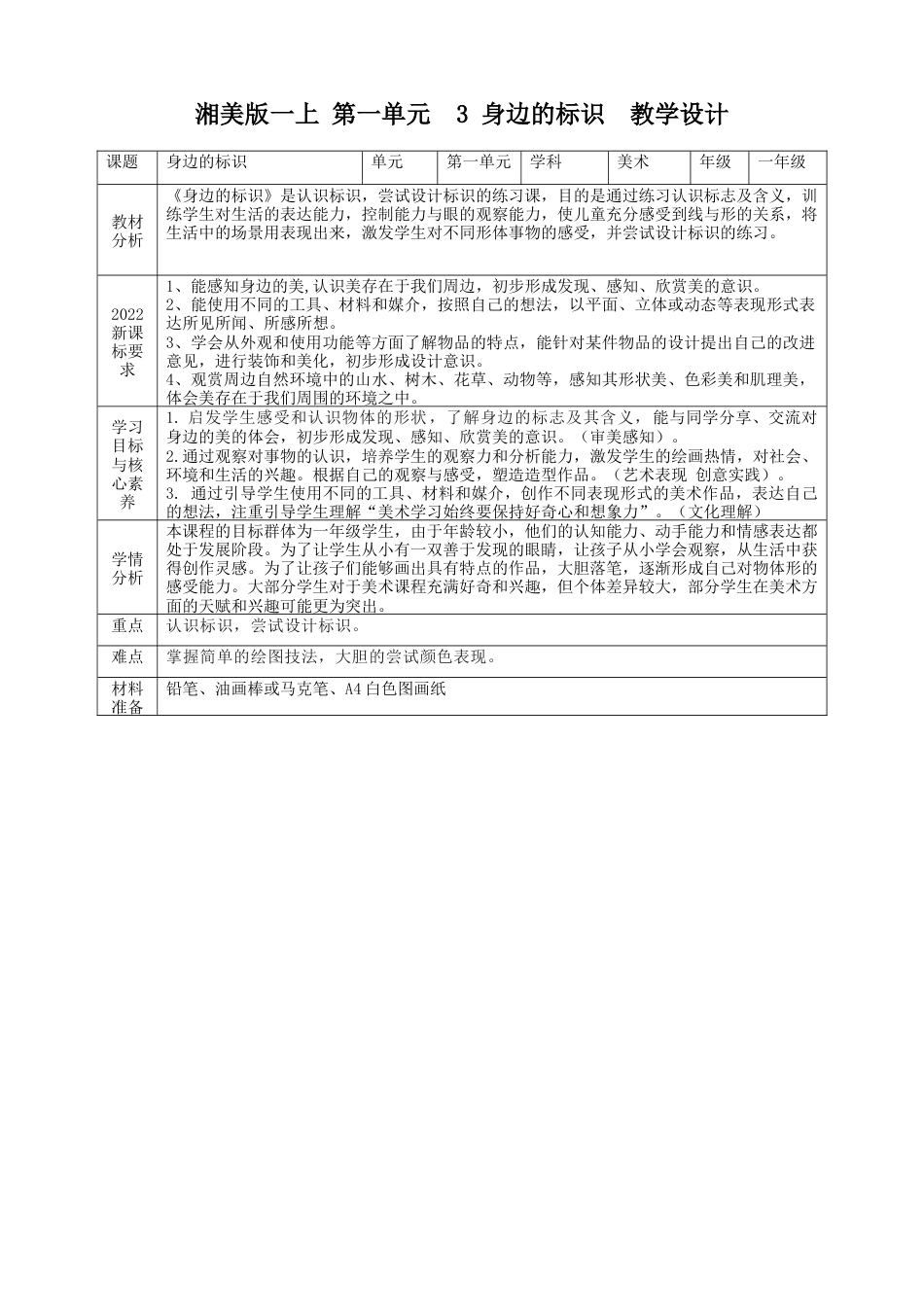 【湘版】美术  一年级上册    第一单元  3 身边的标识友  课时教案.doc_第1页