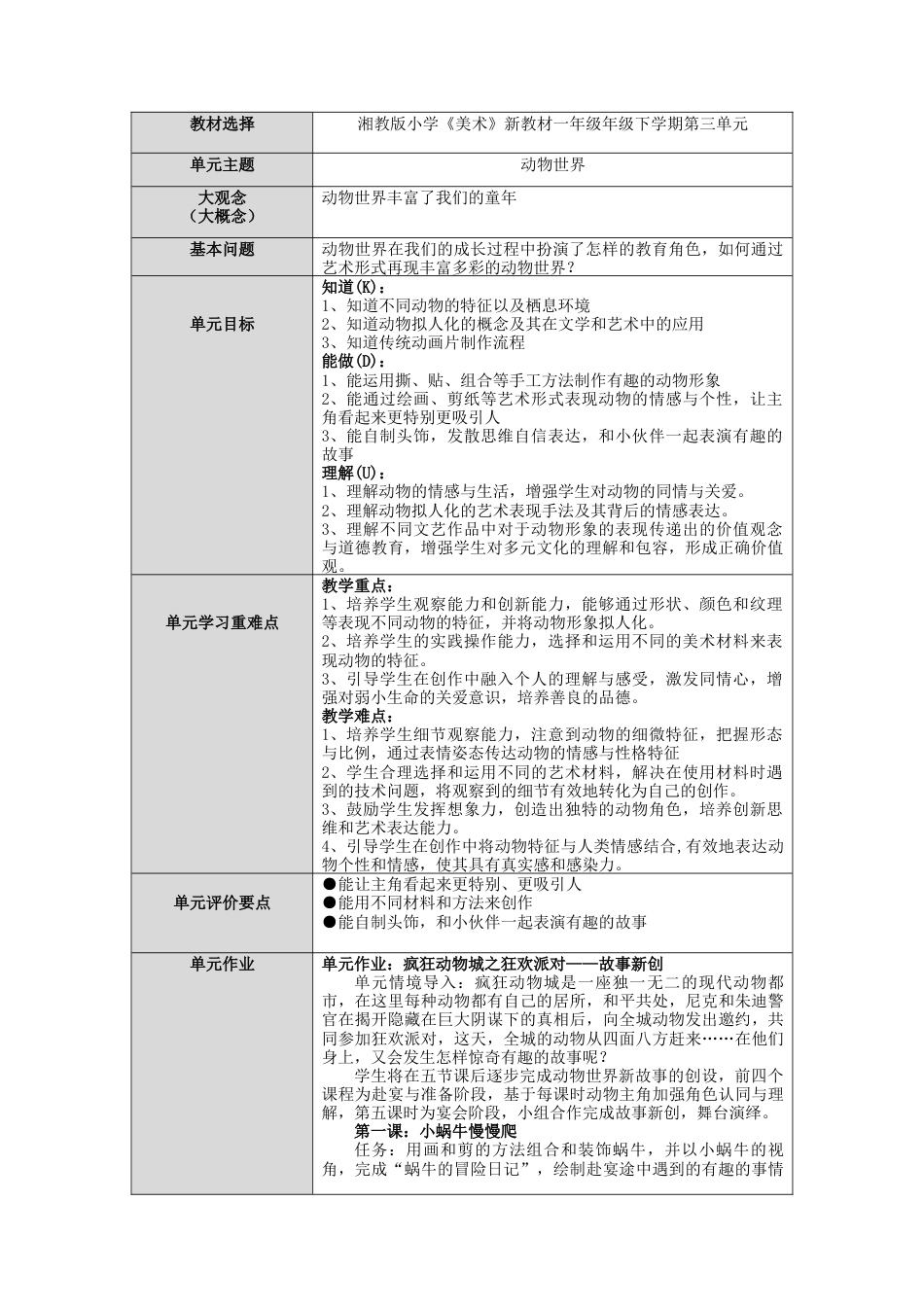 湘美版小学美术一年级下册第三单元《动物世界》单元教案.docx_第1页