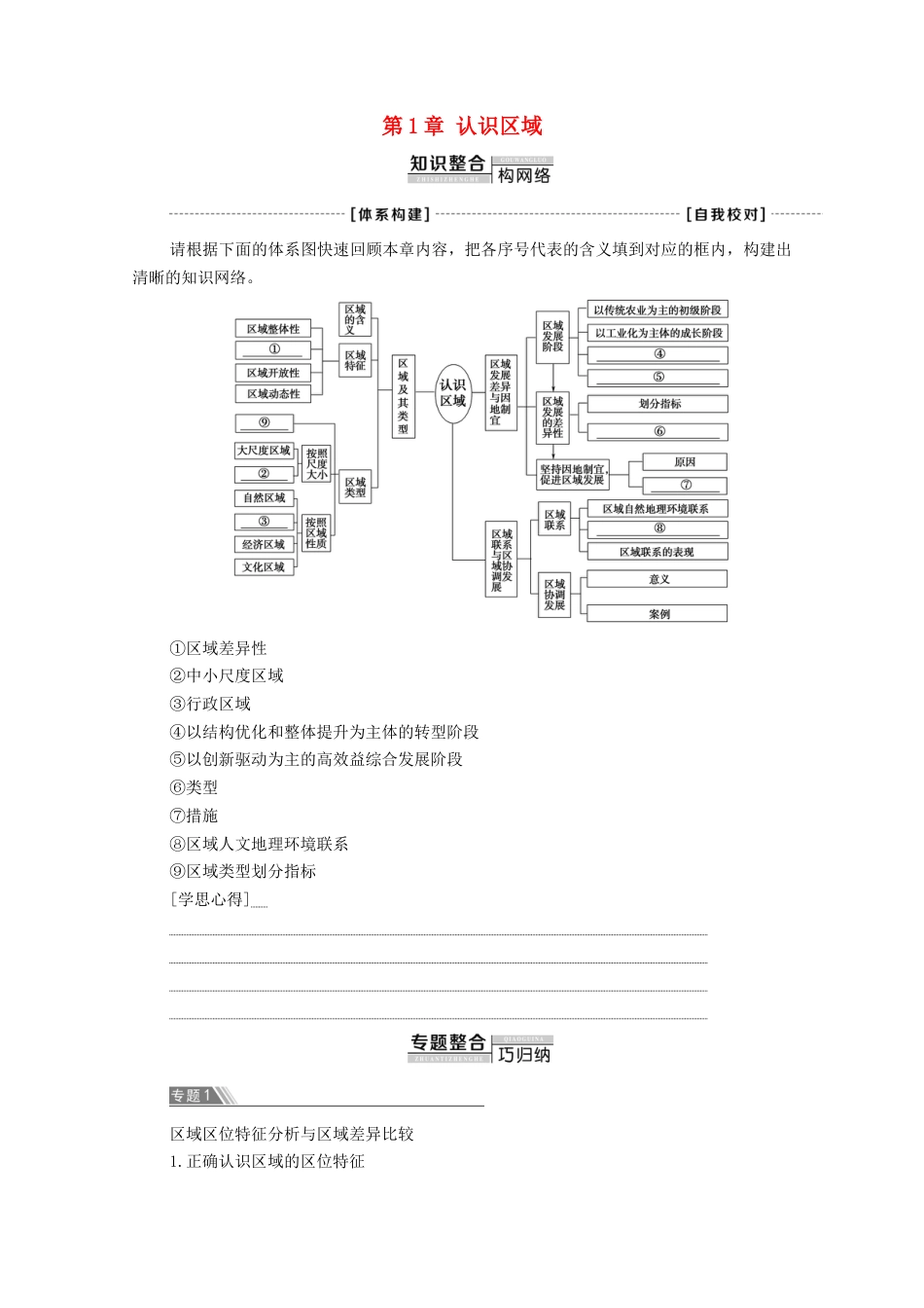 1认识区域章末小结与测评学案湘-湘教版选择性必修二地理.doc_第1页