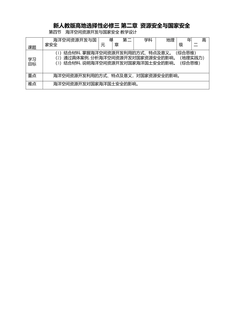 湘教版高中地理必修三-2.4海洋空间资源开发与国家安全  教学设计.doc_第1页