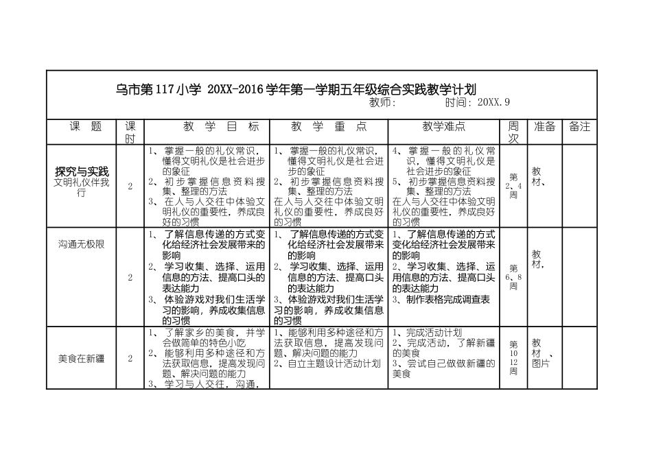 小学五年极上册综合实践计划（全册）.docx_第1页