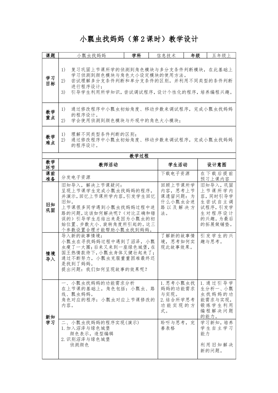 粤教版小学信息技术5小瓢虫找妈妈（第2课时）_教学设计.doc_第1页