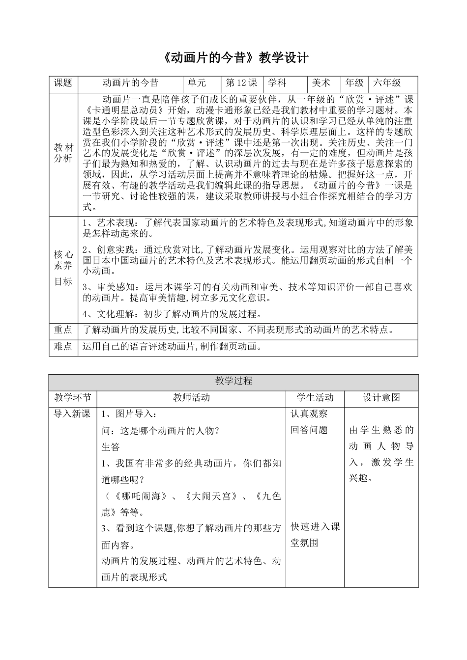 人美版美术六年级下册课时教案-第12课《动画片的今昔》教案（表格式）.doc_第1页