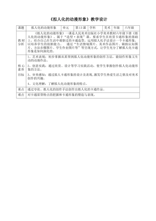 人美版美术六年级下册课时教案-第13课 《拟人化的卡通》教案（表格式）.doc