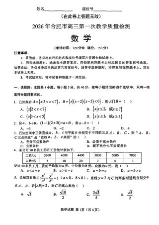 安徽省合肥市2026届高三上学期第一次教学质量检测（一模）数学试题（含答案）.pdf
