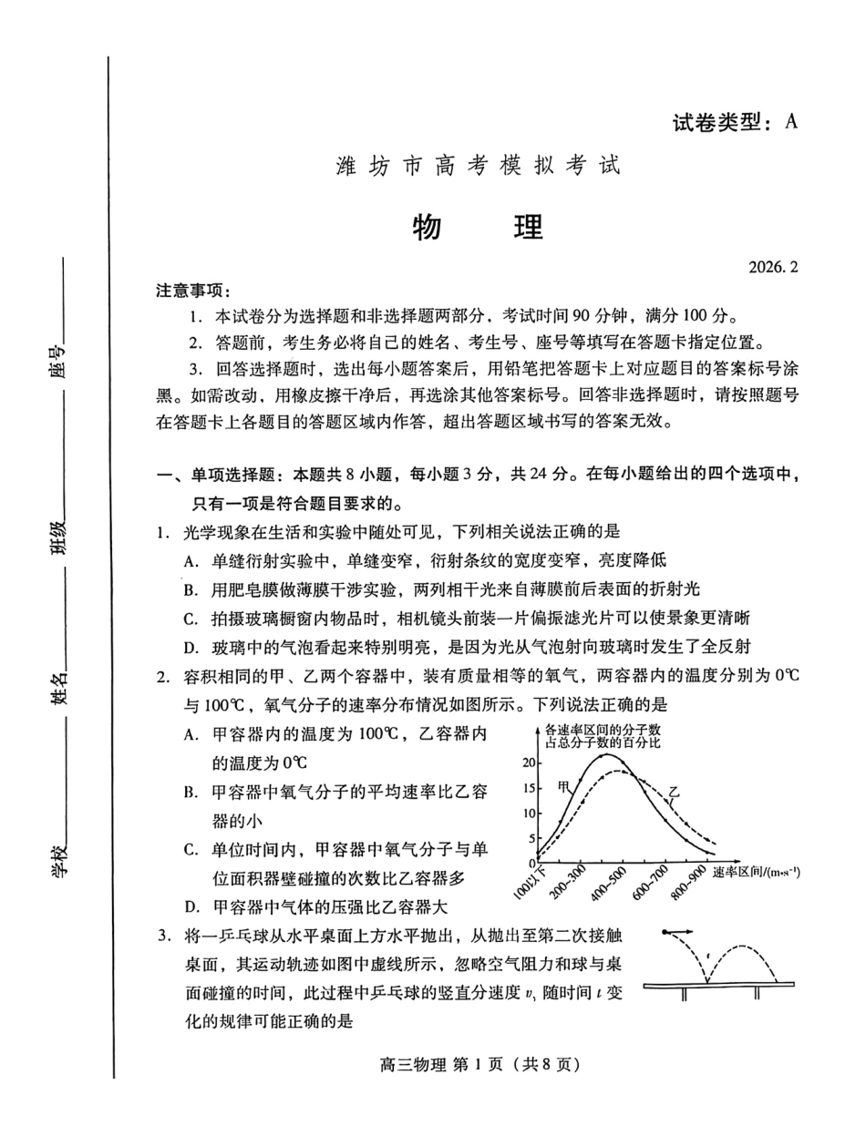 （潍坊一模）山东省潍坊市2026年2月高考模拟考试物理试题及答案.pdf_第1页
